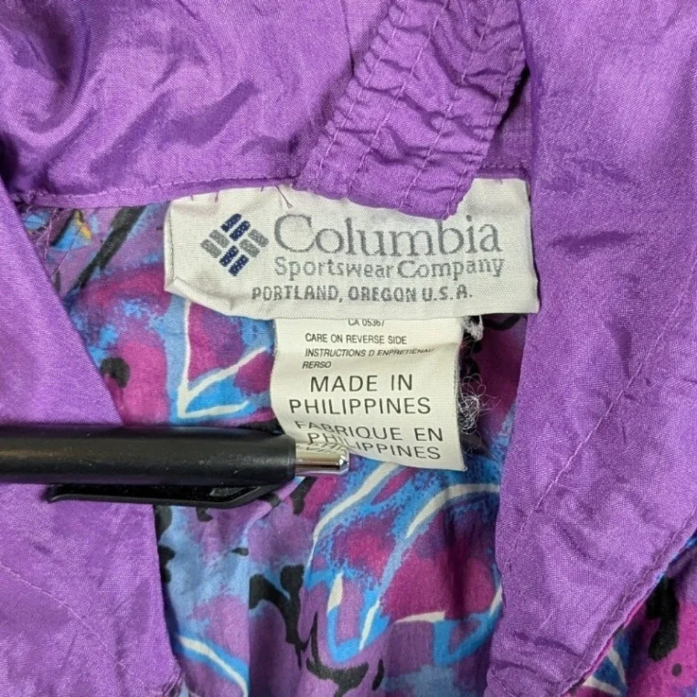 Columbia Vintage Windbreaker Jacket Purple Abstract Geometric Hooded Mens Medium